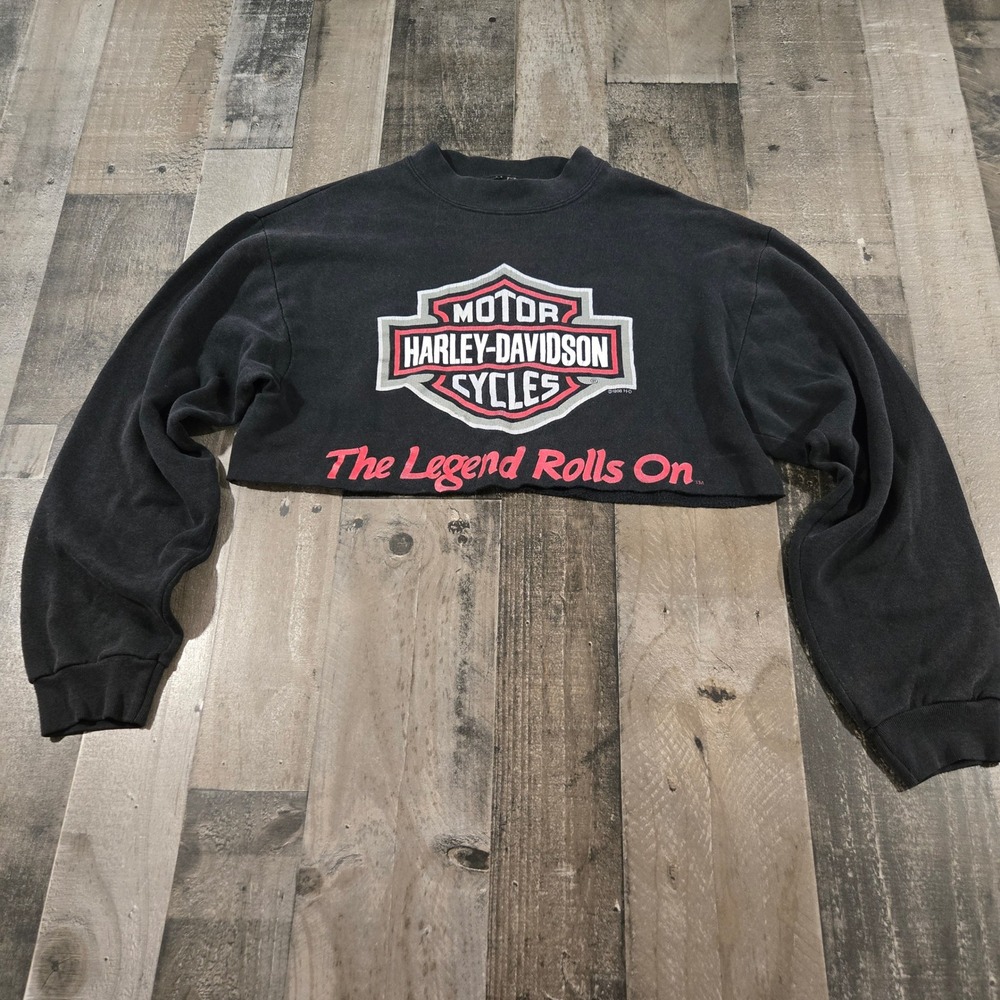 VTG 1998 Harley-Davidson Cropped Sweatshirt Black Graphic Raw Hem Logo Unisex L